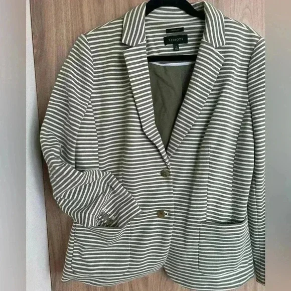 Talbots Aberdeen Knit STRIPE PIQUE Blazer green white size 16 like new - Picture 5 of 10